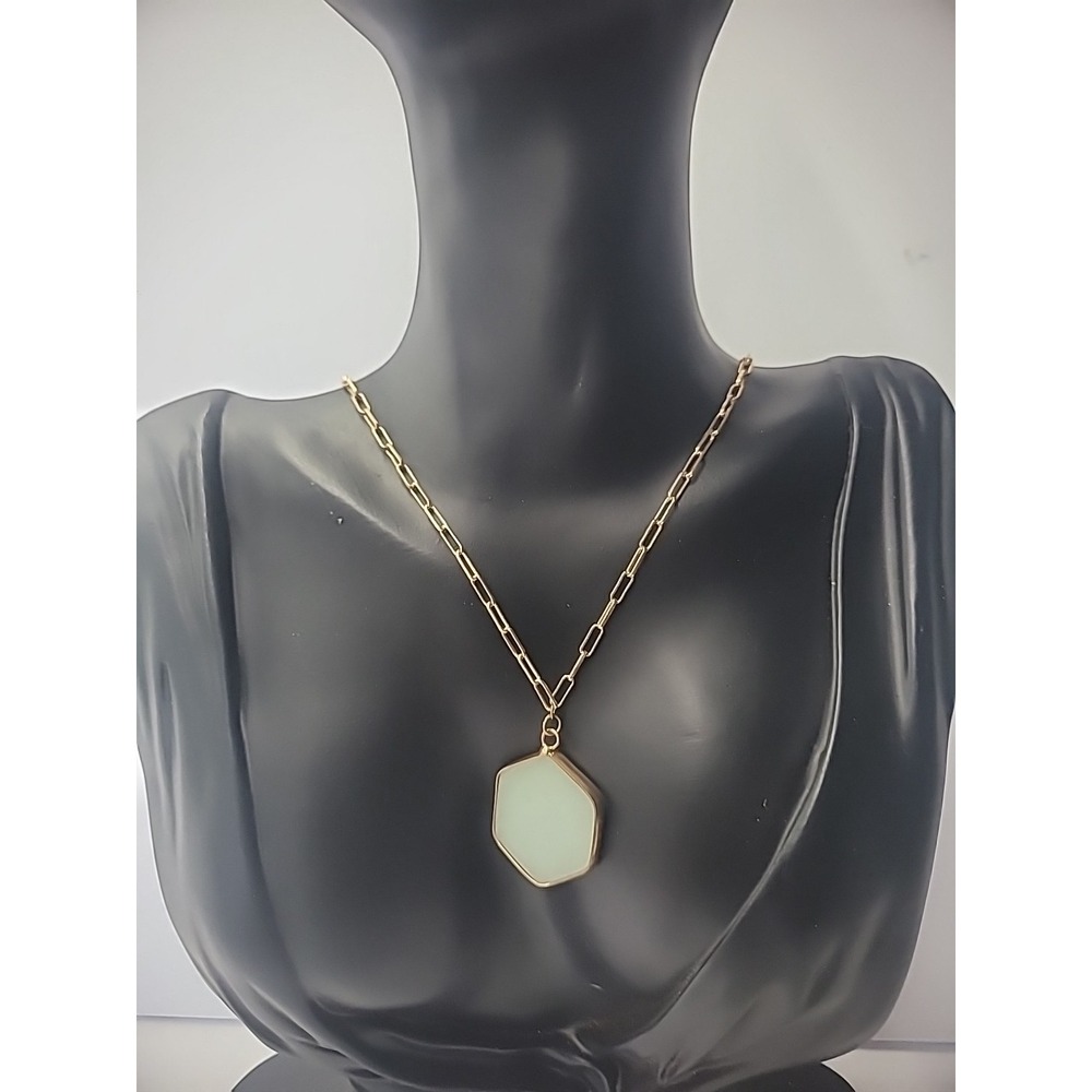 Vintage Necklace Gold Tone Gold Tone Pendant White Hexagon Jewelry Costume